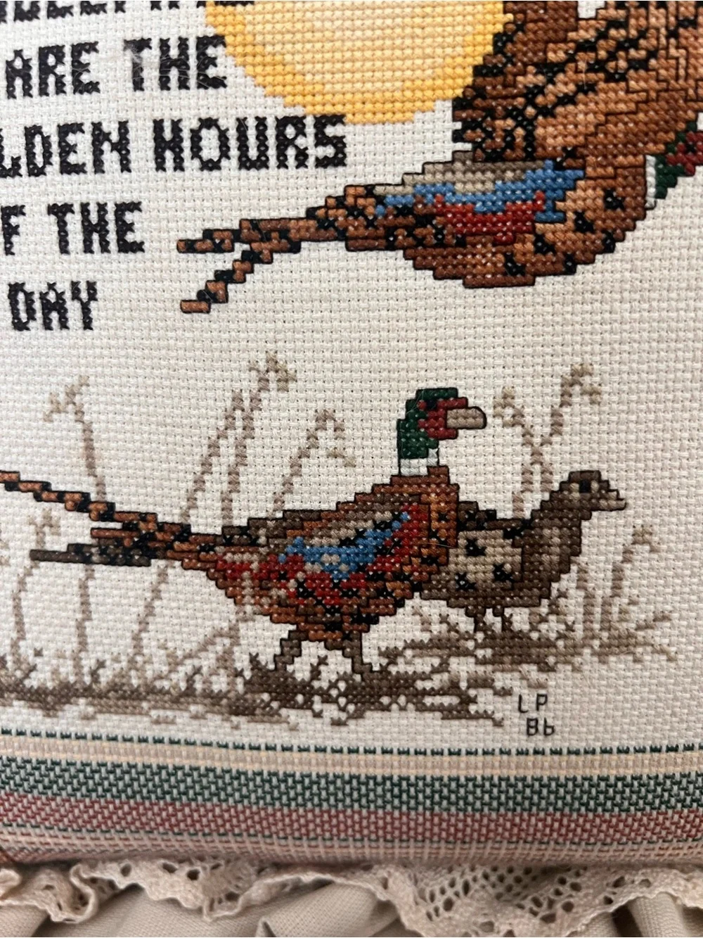 Vintage 90s Cross-Stitch Embroidered Pheasant Ruffle Pillow